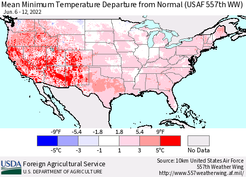 United States Minimum Temperature Departure From Normal (USAF 557th WW) Thematic Map For 6/6/2022 - 6/12/2022