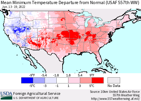 United States Mean Minimum Temperature Departure from Normal (USAF 557th WW) Thematic Map For 6/13/2022 - 6/19/2022