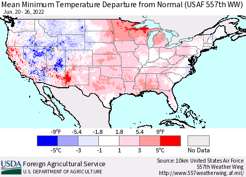 United States Minimum Temperature Departure From Normal (USAF 557th WW) Thematic Map For 6/20/2022 - 6/26/2022