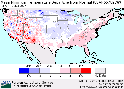 United States Minimum Temperature Departure From Normal (USAF 557th WW) Thematic Map For 6/27/2022 - 7/3/2022