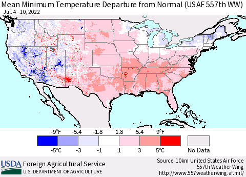 United States Minimum Temperature Departure From Normal (USAF 557th WW) Thematic Map For 7/4/2022 - 7/10/2022