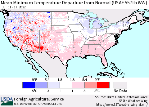 United States Minimum Temperature Departure From Normal (USAF 557th WW) Thematic Map For 7/11/2022 - 7/17/2022