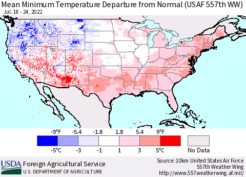 United States Minimum Temperature Departure From Normal (USAF 557th WW) Thematic Map For 7/18/2022 - 7/24/2022