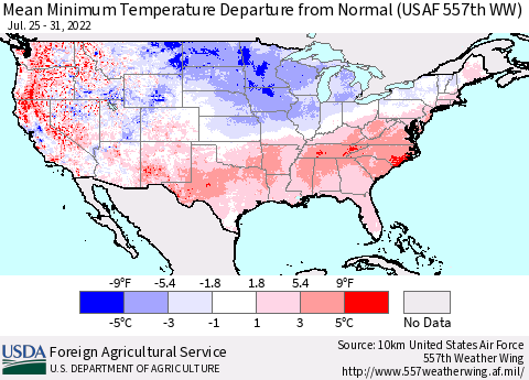 United States Mean Minimum Temperature Departure from Normal (USAF 557th WW) Thematic Map For 7/25/2022 - 7/31/2022