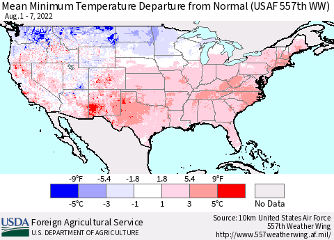 United States Mean Minimum Temperature Departure from Normal (USAF 557th WW) Thematic Map For 8/1/2022 - 8/7/2022