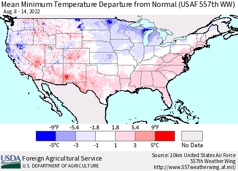 United States Mean Minimum Temperature Departure from Normal (USAF 557th WW) Thematic Map For 8/8/2022 - 8/14/2022
