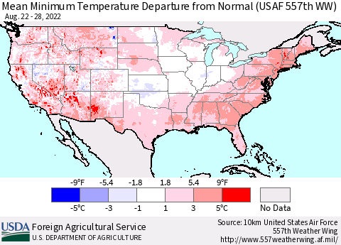 United States Minimum Temperature Departure From Normal (USAF 557th WW) Thematic Map For 8/22/2022 - 8/28/2022
