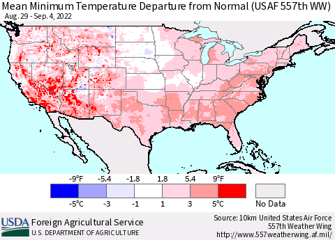 United States Minimum Temperature Departure From Normal (USAF 557th WW) Thematic Map For 8/29/2022 - 9/4/2022