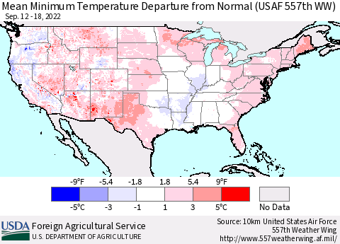 United States Mean Minimum Temperature Departure from Normal (USAF 557th WW) Thematic Map For 9/12/2022 - 9/18/2022