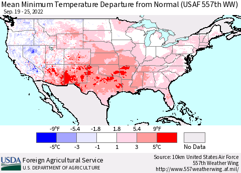 United States Minimum Temperature Departure From Normal (USAF 557th WW) Thematic Map For 9/19/2022 - 9/25/2022