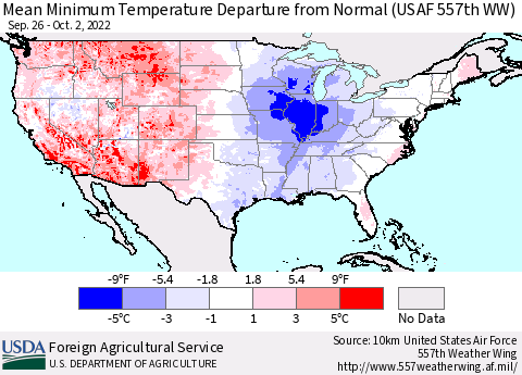 United States Mean Minimum Temperature Departure from Normal (USAF 557th WW) Thematic Map For 9/26/2022 - 10/2/2022