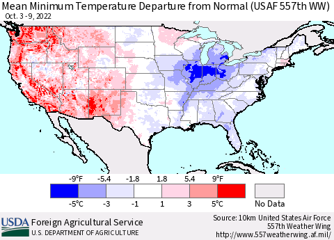 United States Mean Minimum Temperature Departure from Normal (USAF 557th WW) Thematic Map For 10/3/2022 - 10/9/2022