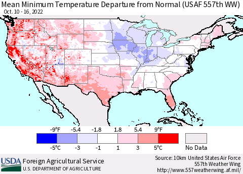 United States Mean Minimum Temperature Departure from Normal (USAF 557th WW) Thematic Map For 10/10/2022 - 10/16/2022