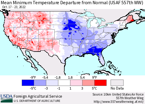 United States Mean Minimum Temperature Departure from Normal (USAF 557th WW) Thematic Map For 10/17/2022 - 10/23/2022