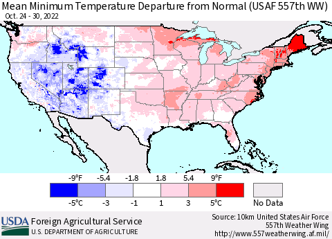 United States Mean Minimum Temperature Departure from Normal (USAF 557th WW) Thematic Map For 10/24/2022 - 10/30/2022