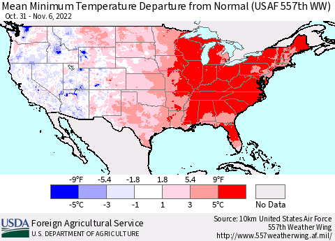 United States Mean Minimum Temperature Departure from Normal (USAF 557th WW) Thematic Map For 10/31/2022 - 11/6/2022