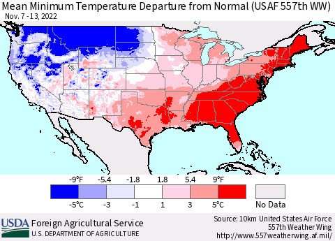 United States Mean Minimum Temperature Departure from Normal (USAF 557th WW) Thematic Map For 11/7/2022 - 11/13/2022