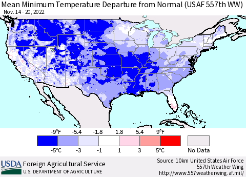 United States Mean Minimum Temperature Departure from Normal (USAF 557th WW) Thematic Map For 11/14/2022 - 11/20/2022
