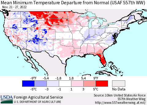 United States Mean Minimum Temperature Departure from Normal (USAF 557th WW) Thematic Map For 11/21/2022 - 11/27/2022