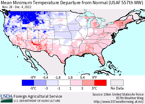 United States Mean Minimum Temperature Departure from Normal (USAF 557th WW) Thematic Map For 11/28/2022 - 12/4/2022