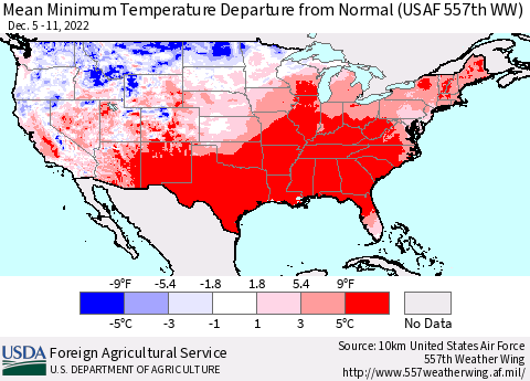 United States Mean Minimum Temperature Departure from Normal (USAF 557th WW) Thematic Map For 12/5/2022 - 12/11/2022