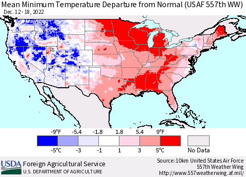 United States Mean Minimum Temperature Departure from Normal (USAF 557th WW) Thematic Map For 12/12/2022 - 12/18/2022