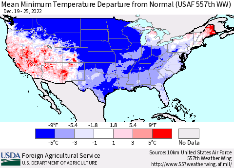 United States Mean Minimum Temperature Departure from Normal (USAF 557th WW) Thematic Map For 12/19/2022 - 12/25/2022