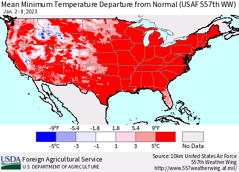 United States Mean Minimum Temperature Departure from Normal (USAF 557th WW) Thematic Map For 1/2/2023 - 1/8/2023