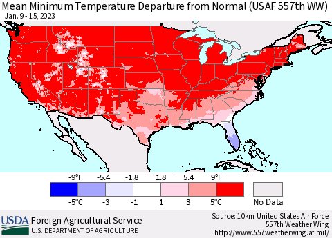 United States Mean Minimum Temperature Departure from Normal (USAF 557th WW) Thematic Map For 1/9/2023 - 1/15/2023