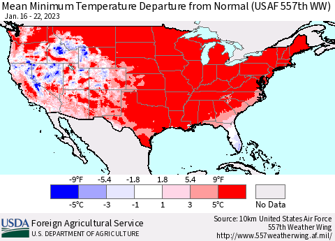 United States Mean Minimum Temperature Departure from Normal (USAF 557th WW) Thematic Map For 1/16/2023 - 1/22/2023