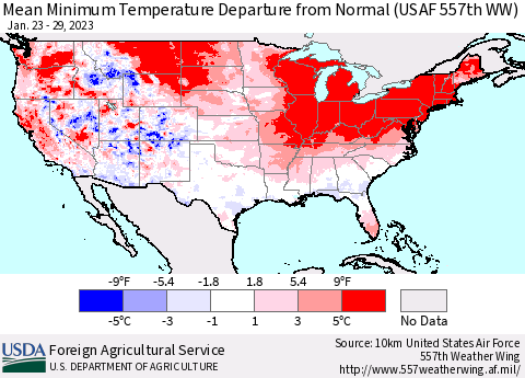 United States Mean Minimum Temperature Departure from Normal (USAF 557th WW) Thematic Map For 1/23/2023 - 1/29/2023