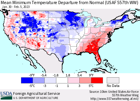 United States Mean Minimum Temperature Departure from Normal (USAF 557th WW) Thematic Map For 1/30/2023 - 2/5/2023