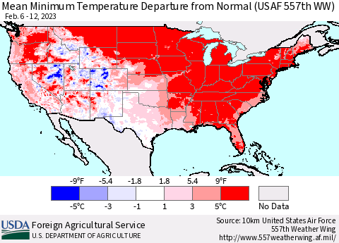 United States Mean Minimum Temperature Departure from Normal (USAF 557th WW) Thematic Map For 2/6/2023 - 2/12/2023