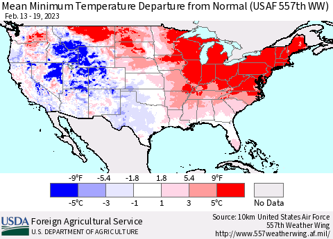 United States Mean Minimum Temperature Departure from Normal (USAF 557th WW) Thematic Map For 2/13/2023 - 2/19/2023
