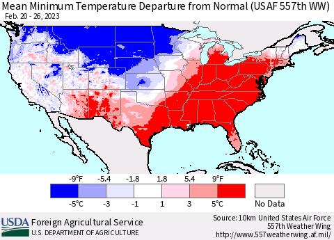 United States Mean Minimum Temperature Departure from Normal (USAF 557th WW) Thematic Map For 2/20/2023 - 2/26/2023