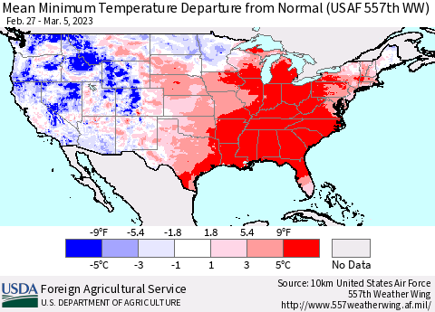 United States Mean Minimum Temperature Departure from Normal (USAF 557th WW) Thematic Map For 2/27/2023 - 3/5/2023