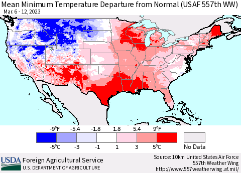United States Mean Minimum Temperature Departure from Normal (USAF 557th WW) Thematic Map For 3/6/2023 - 3/12/2023