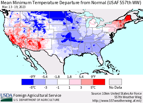 United States Mean Minimum Temperature Departure from Normal (USAF 557th WW) Thematic Map For 3/13/2023 - 3/19/2023