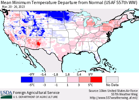 United States Mean Minimum Temperature Departure from Normal (USAF 557th WW) Thematic Map For 3/20/2023 - 3/26/2023