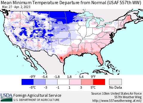 United States Mean Minimum Temperature Departure from Normal (USAF 557th WW) Thematic Map For 3/27/2023 - 4/2/2023