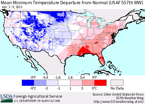United States Mean Minimum Temperature Departure from Normal (USAF 557th WW) Thematic Map For 4/3/2023 - 4/9/2023