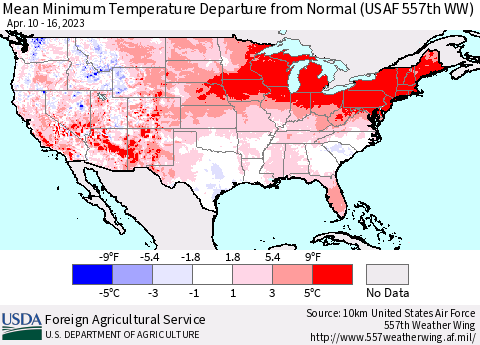 United States Mean Minimum Temperature Departure from Normal (USAF 557th WW) Thematic Map For 4/10/2023 - 4/16/2023