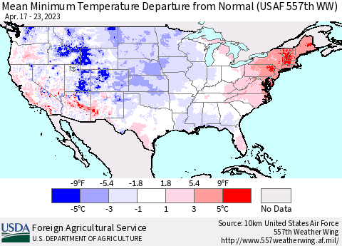 United States Mean Minimum Temperature Departure from Normal (USAF 557th WW) Thematic Map For 4/17/2023 - 4/23/2023