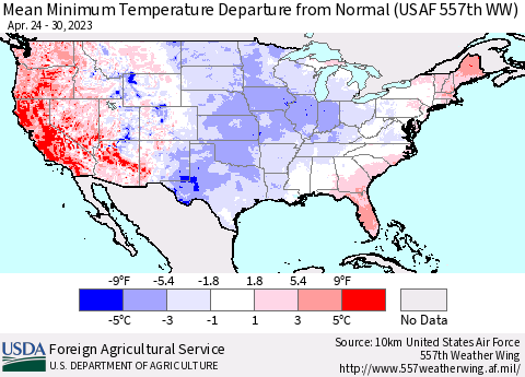 United States Mean Minimum Temperature Departure from Normal (USAF 557th WW) Thematic Map For 4/24/2023 - 4/30/2023