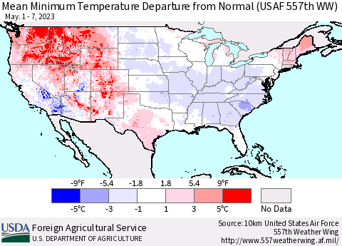United States Mean Minimum Temperature Departure from Normal (USAF 557th WW) Thematic Map For 5/1/2023 - 5/7/2023