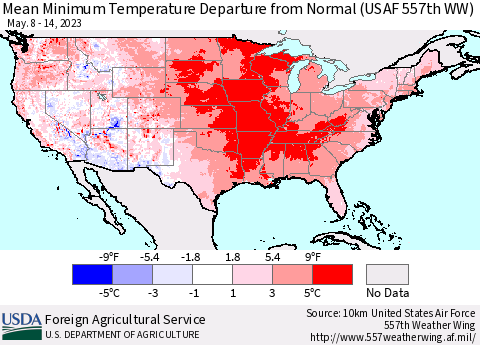United States Mean Minimum Temperature Departure from Normal (USAF 557th WW) Thematic Map For 5/8/2023 - 5/14/2023