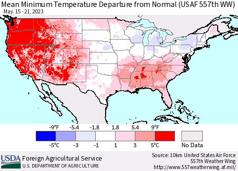 United States Mean Minimum Temperature Departure from Normal (USAF 557th WW) Thematic Map For 5/15/2023 - 5/21/2023