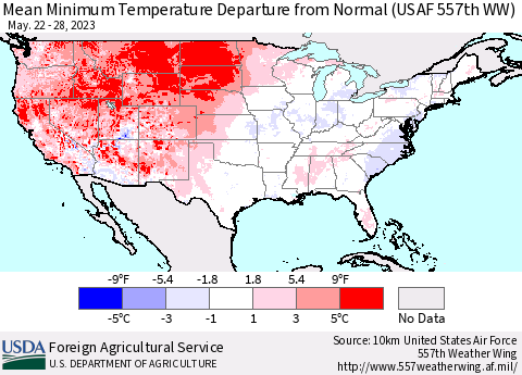 United States Mean Minimum Temperature Departure from Normal (USAF 557th WW) Thematic Map For 5/22/2023 - 5/28/2023