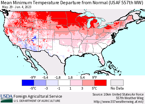 United States Mean Minimum Temperature Departure from Normal (USAF 557th WW) Thematic Map For 5/29/2023 - 6/4/2023