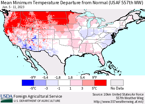 United States Mean Minimum Temperature Departure from Normal (USAF 557th WW) Thematic Map For 6/5/2023 - 6/11/2023